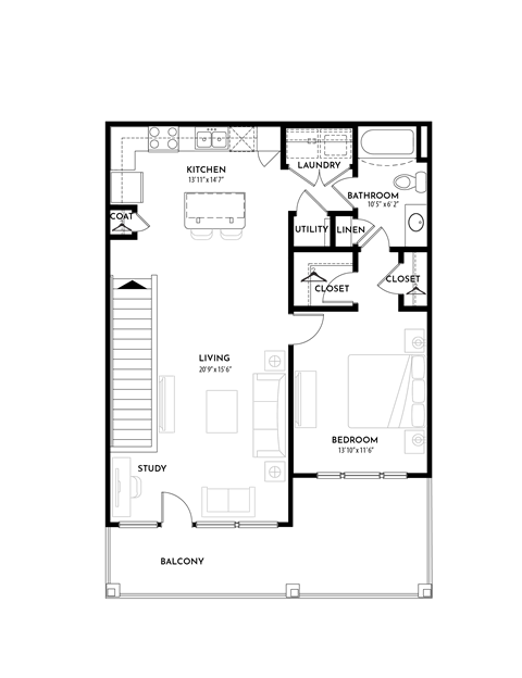 Floor plan for 1 bed, 1 bath, 857 sqft